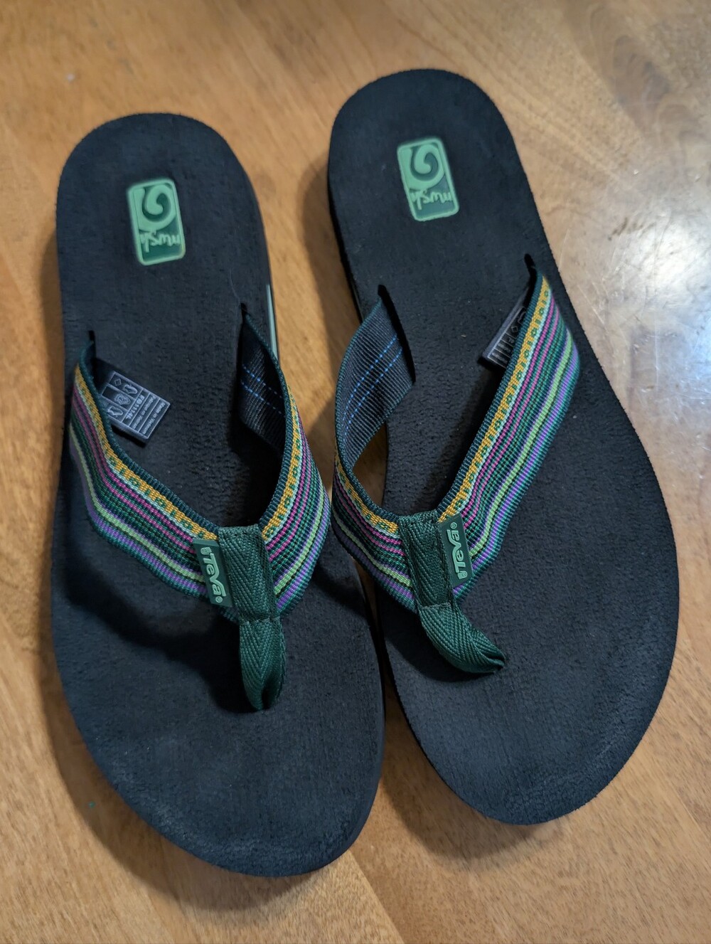 Teva Black Flip Flops with Green & Multicolor Straps